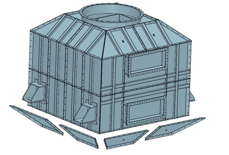 3D model of a panel-based marine SCR reactor, segmented into individual modules for simplified transport, handling, and retrofit installation.