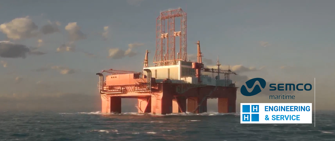 Offshore platform equipped with a marine SCR emission reduction system, displayed alongside the SEMCO Maritime and H+H Engineering & Service logos.