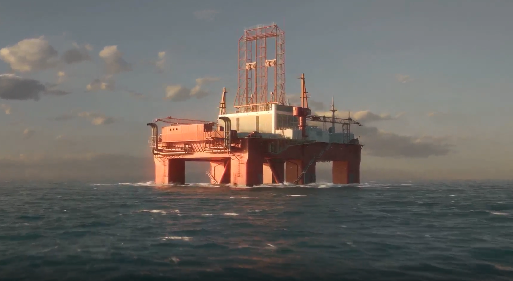 Offshore platform located in open waters, viewed from sea level during calm weather conditions.