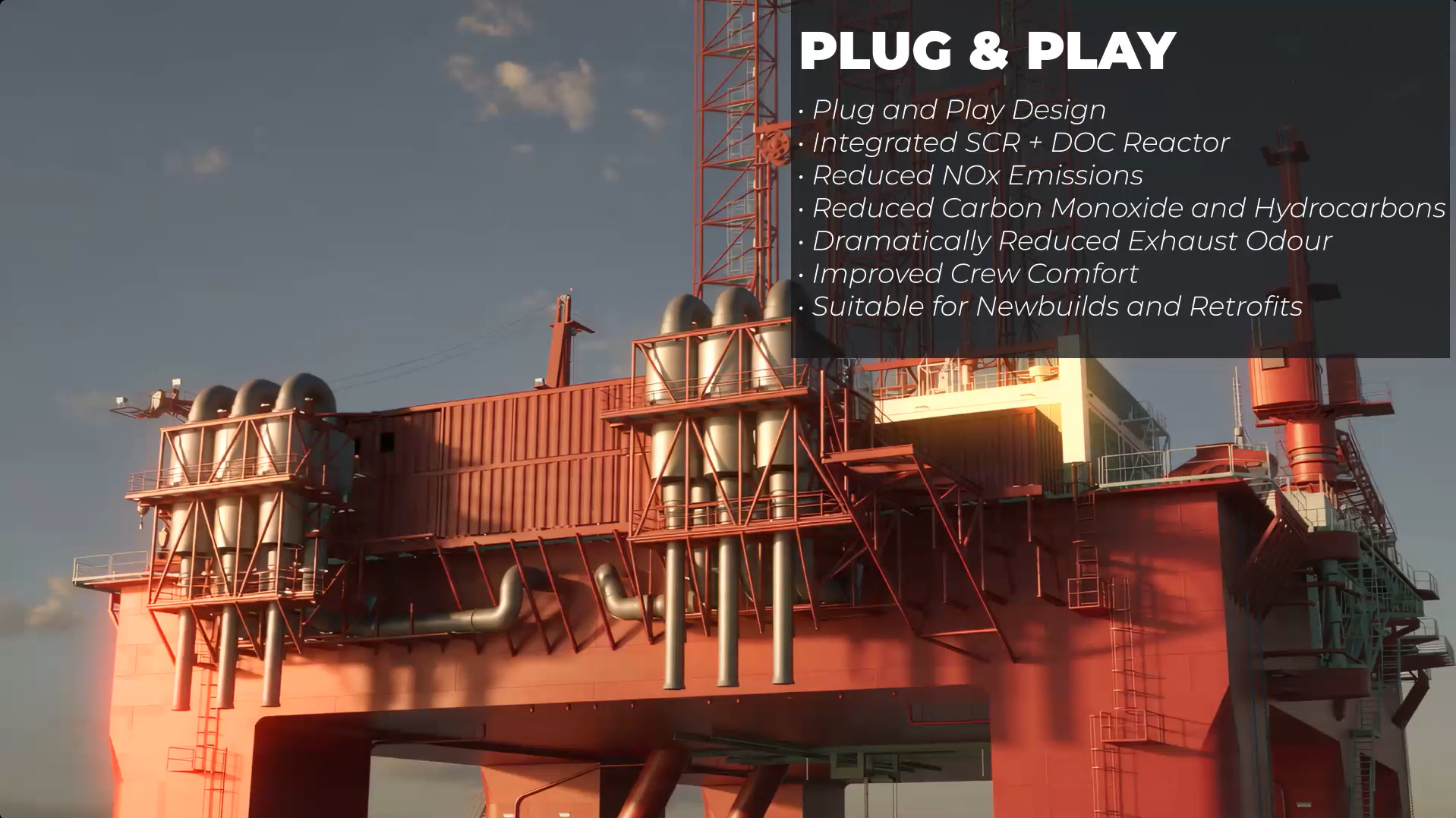 Integrated SCR and DOC exhaust gas treatment system installed on an offshore platform to reduce NOx emissions, carbon monoxide, hydrocarbons, and exhaust odour.