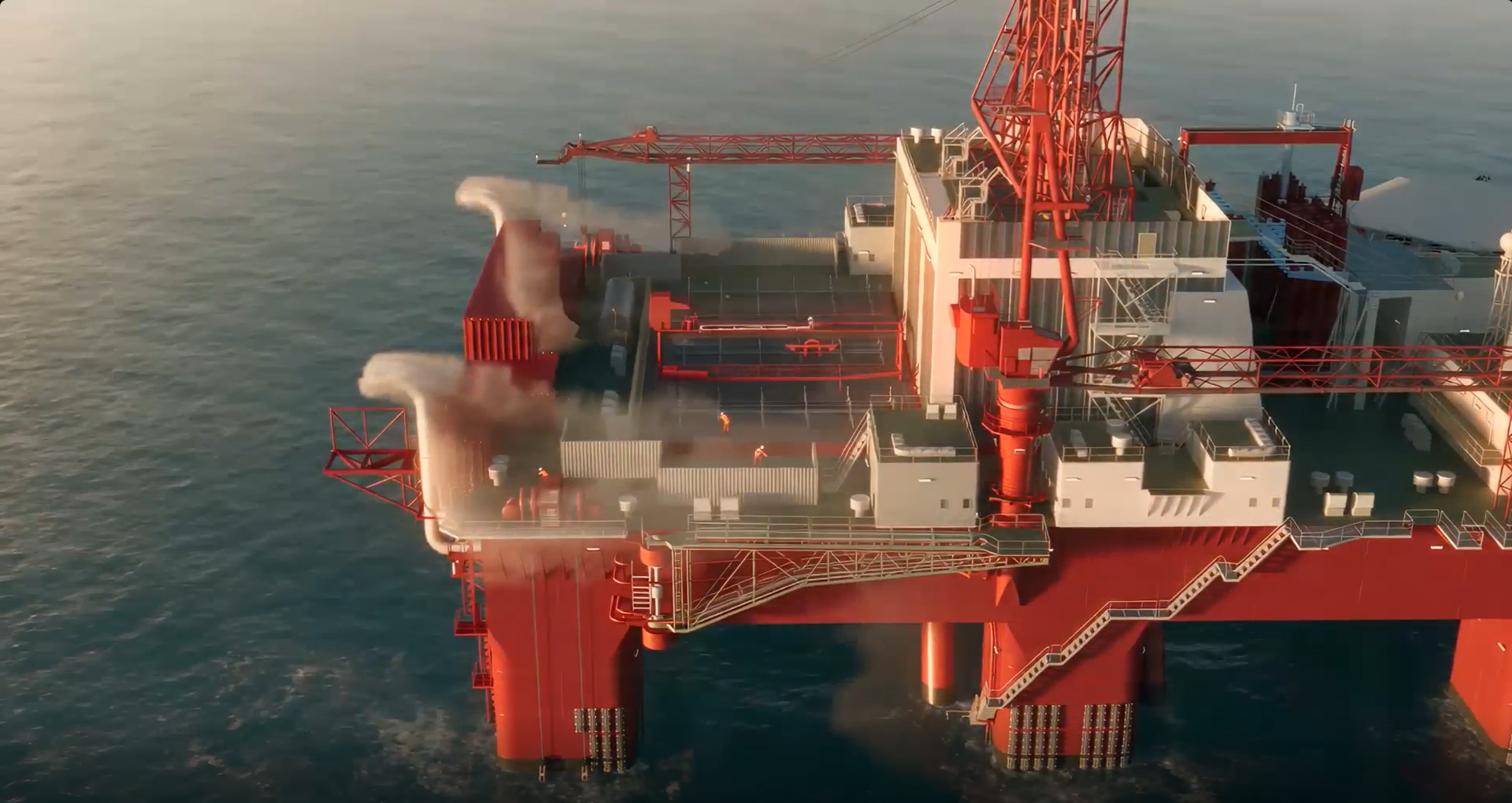 Offshore platform with visible exhaust emissions being carried by the wind across operational deck areas where personnel are working.